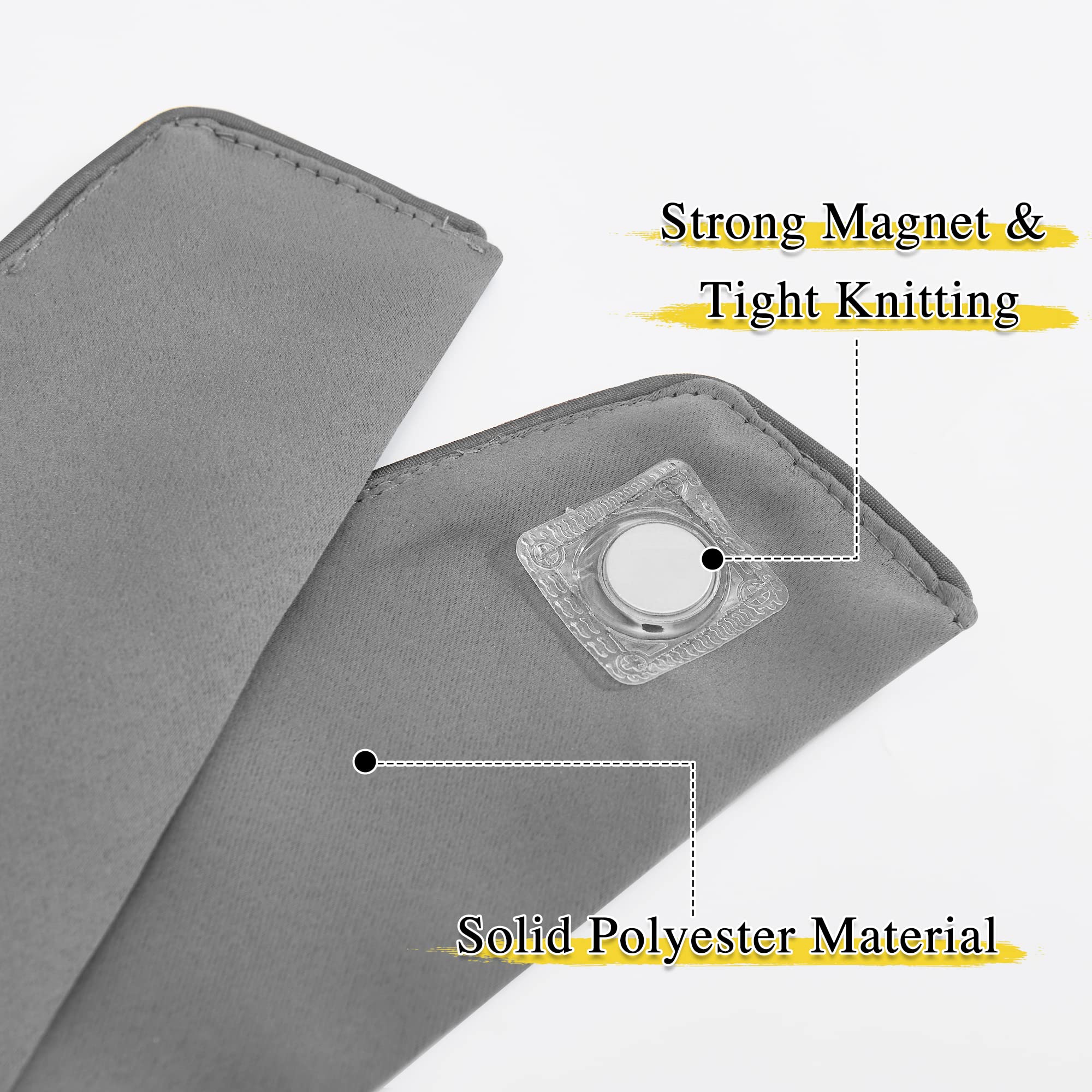 Close-up of gray polyester magnetic drape tie back material with strong clear magnet, highlighting tight knitting and solid construction.