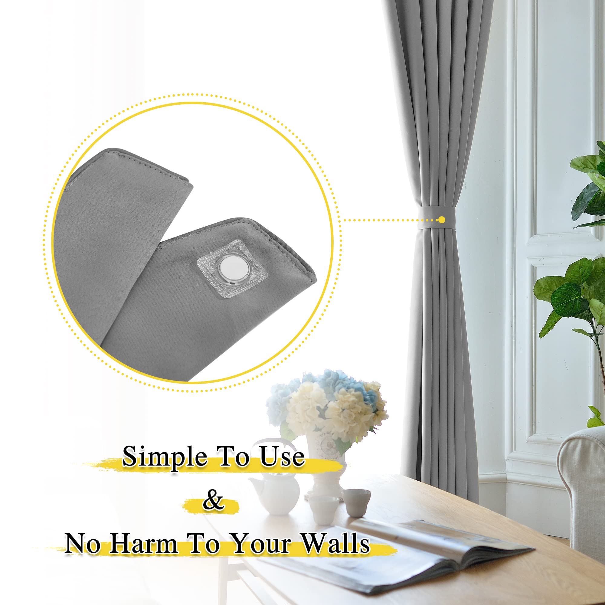 Grey magnetic decorative drape tie back neatly holding a pleated curtain, with a magnified view of the secure magnetic closure.