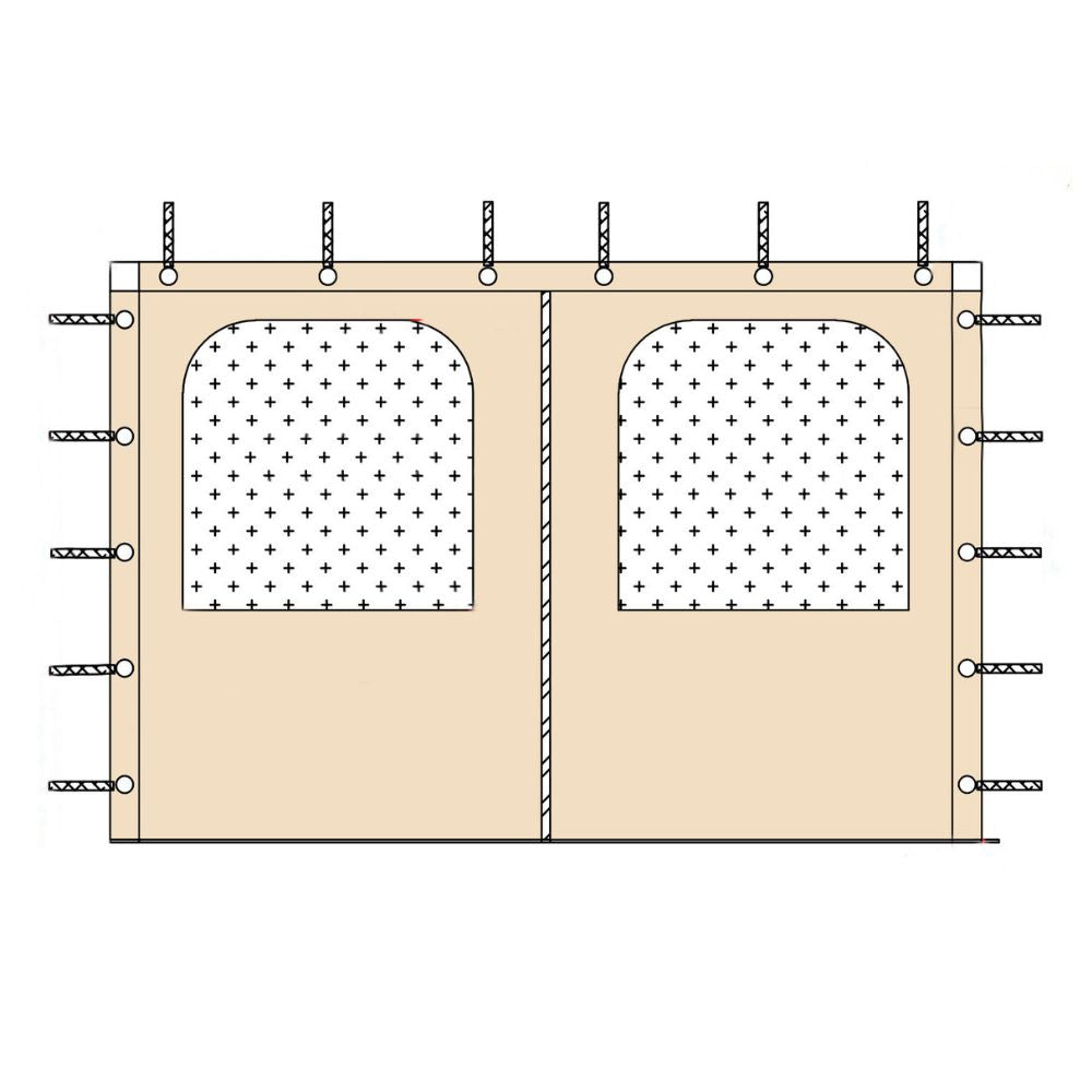 Waterproof outdoor gazebo side panel diagram featuring two panels with arched windows and attachment loops for pergolas & porches.