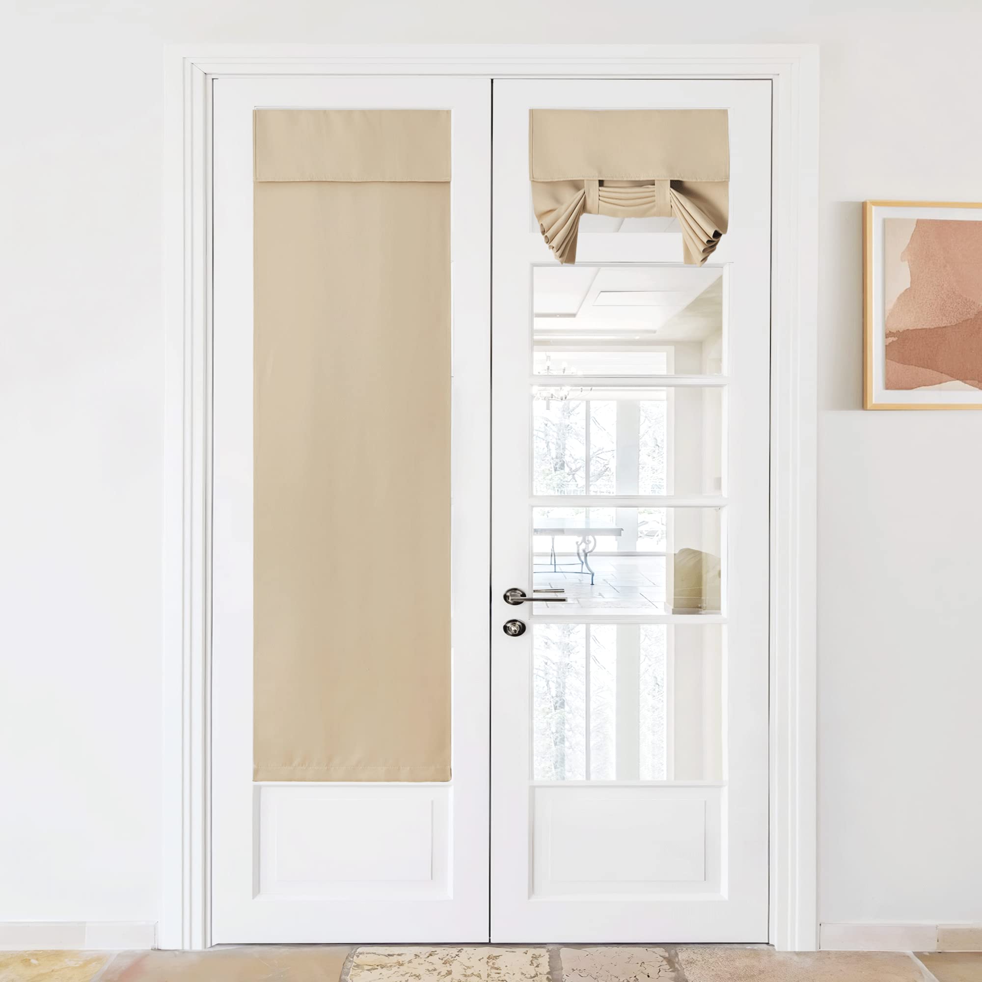 Beige linen blend blackout door curtains on white French doors. One panel fully covers for privacy, the other is neatly tied up.