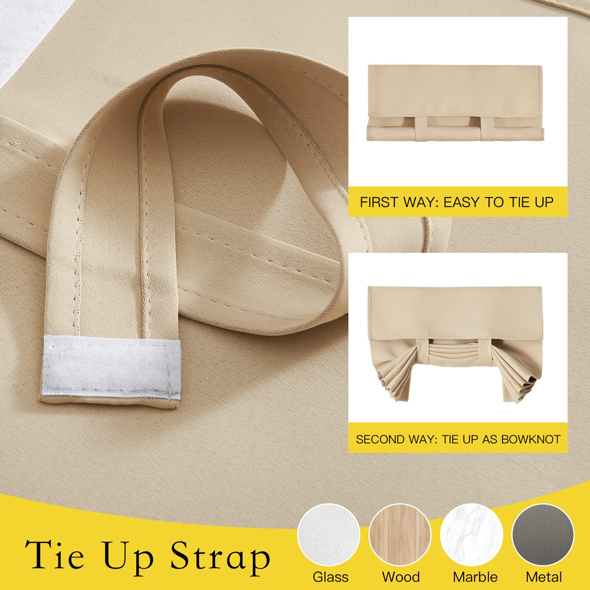 Beige linen blend blackout French door curtain tie-up strap with Velcro, showing simple roll-up and decorative bowknot styles.