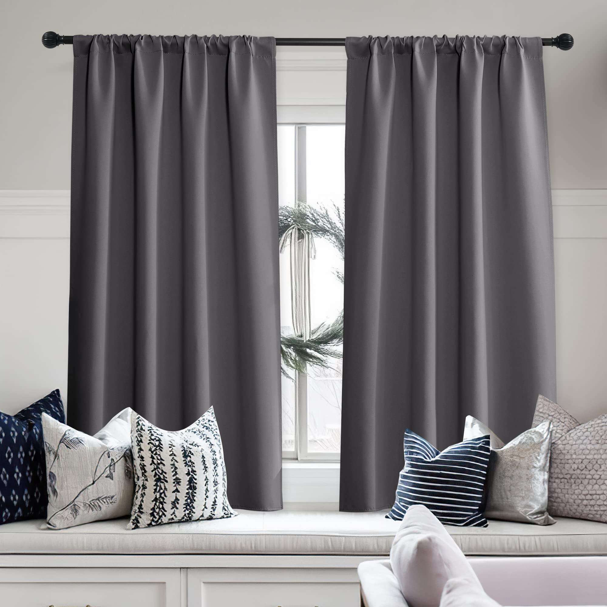 Rod Pocket Blackout Curtains With PomPom For Living Room And Bedroom 2 Panels