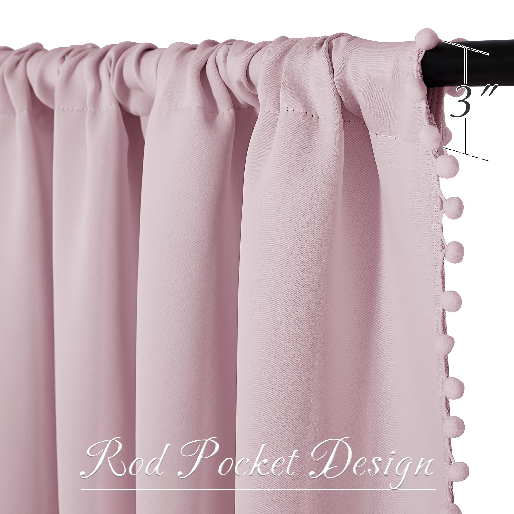 Rod Pocket Blackout Curtains With PomPom For Living Room And Bedroom 2 Panels