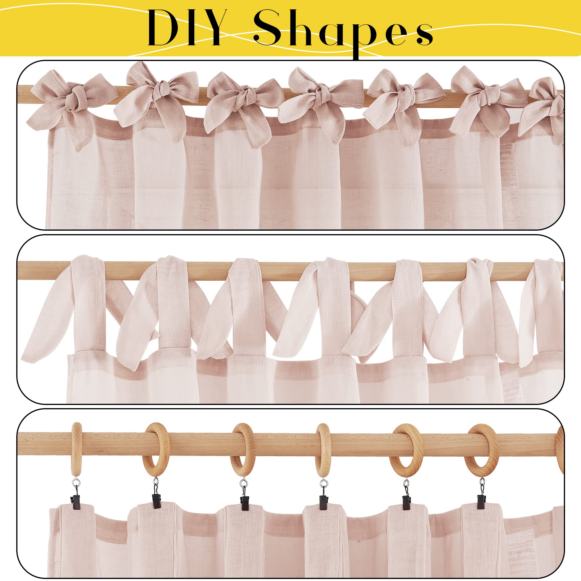 Semi Sheer Tie Top Linen Curtains for Bedroom & Living Room, 2 Panels