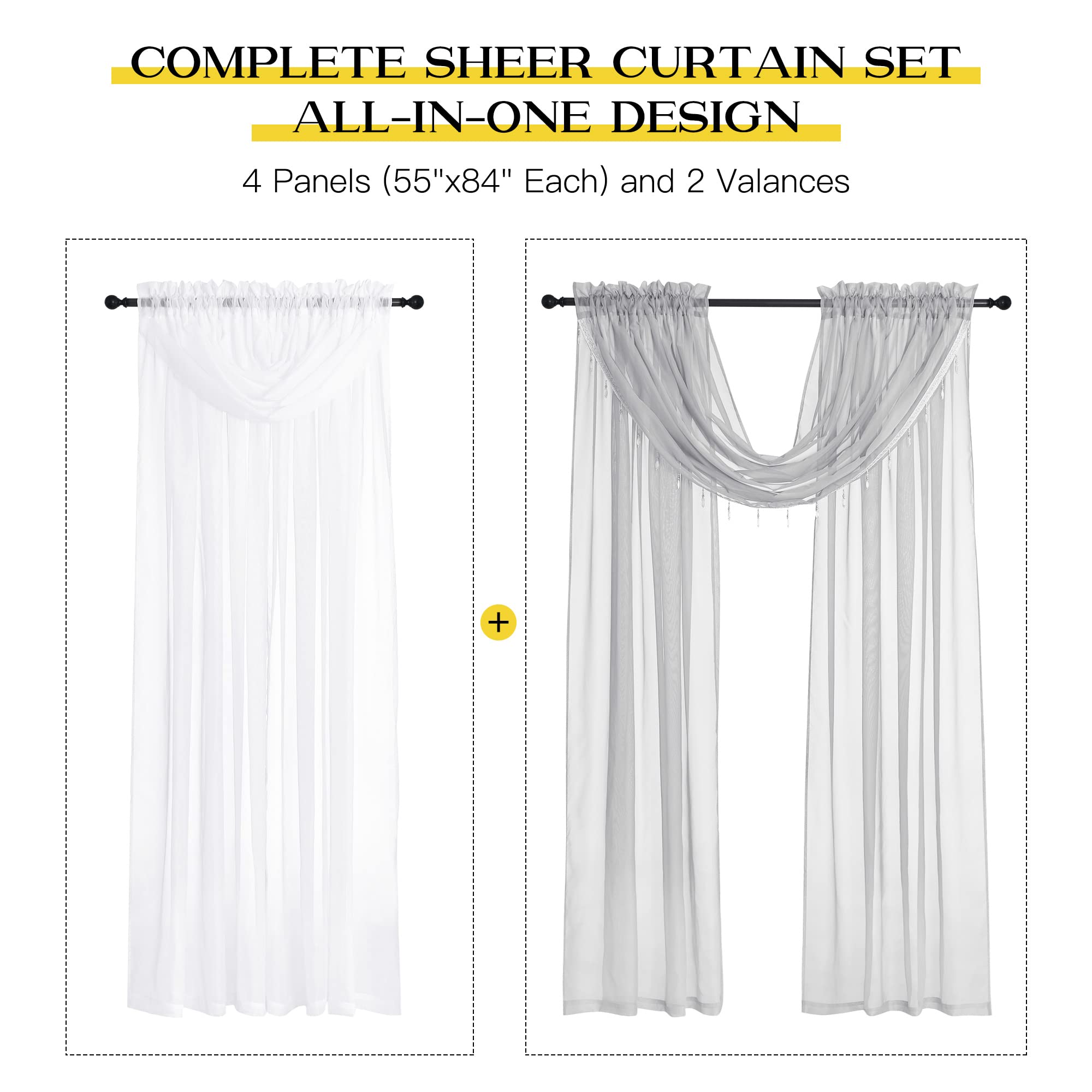 Window Sheer All-in-One Mix Match Voile Curtains Rod Pocket for Bedroom/LivingRoom, 4 Panels with 2 Waterfall Beads Valances