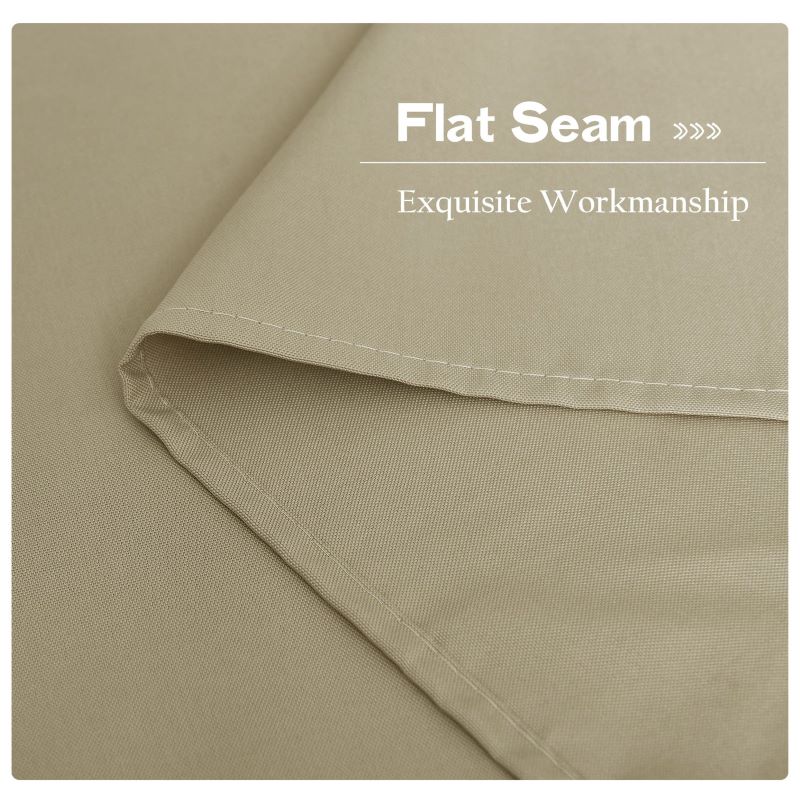 Close-up of durable beige waterproof patio canvas curtain fabric, showcasing a meticulously stitched flat seam.