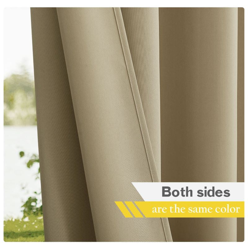 Khaki waterproof outdoor canvas curtain close-up, highlighting consistent color on both sides and durable patio fabric texture.