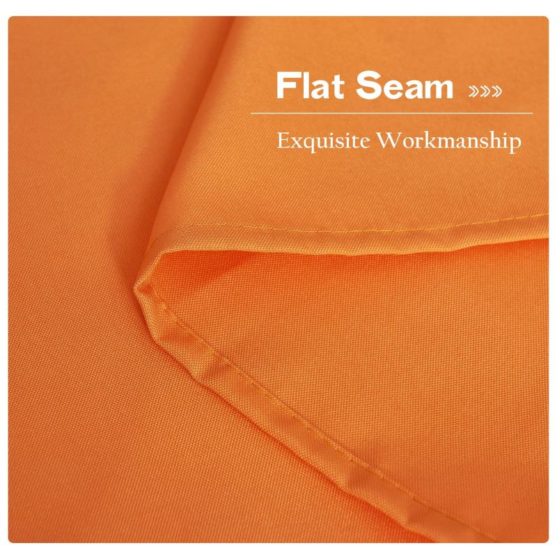 Detailed view of the strong flat seam and exquisite stitching on an orange waterproof outdoor canvas patio curtain panel.