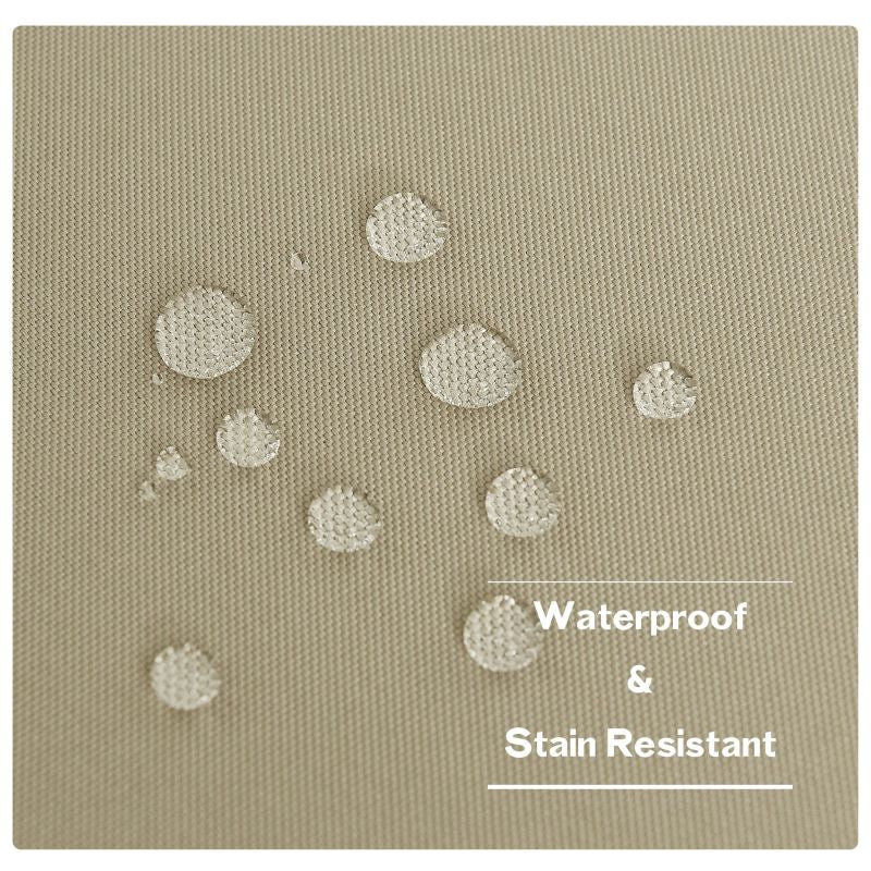 Beige outdoor canvas patio curtain fabric with water beading, showcasing its waterproof and stain-resistant quality for weather protection.