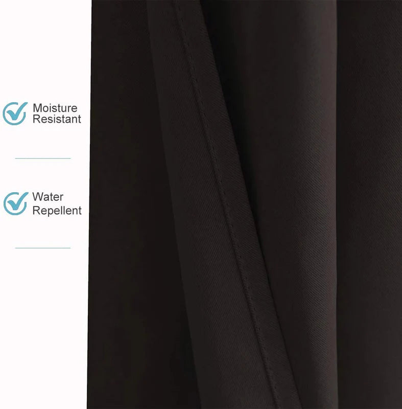 Dark brown waterproof outdoor curtain fabric texture, emphasizing its moisture-resistant and water-repellent qualities for patio use.