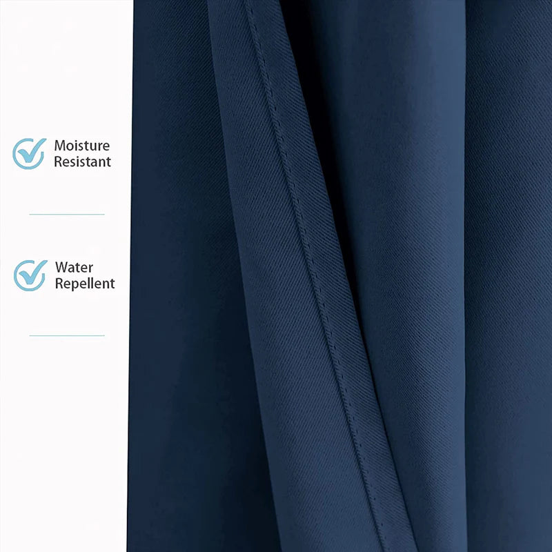 Deep blue waterproof outdoor curtain fabric close-up, illustrating its moisture resistant and water repellent properties for patios.