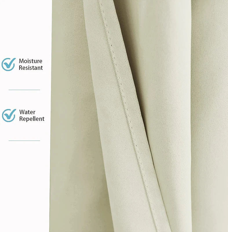 Close-up of beige waterproof patio outdoor curtain fabric, highlighting its moisture resistant and water repellent texture.