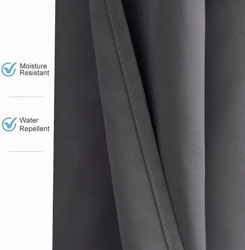 KGORGE dark grey outdoor curtain fabric detail, showing its waterproof, moisture resistant, and water repellent heavy-duty material.