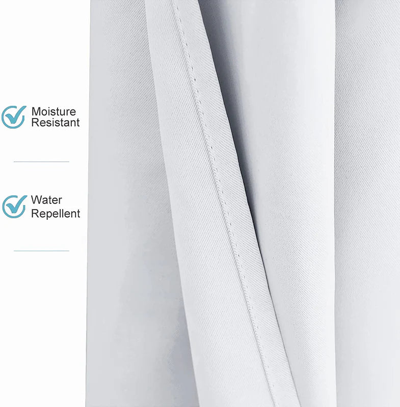 Close-up of KGORGE waterproof outdoor curtain fabric, highlighting moisture resistant & water repellent properties with visible weave & stitching.