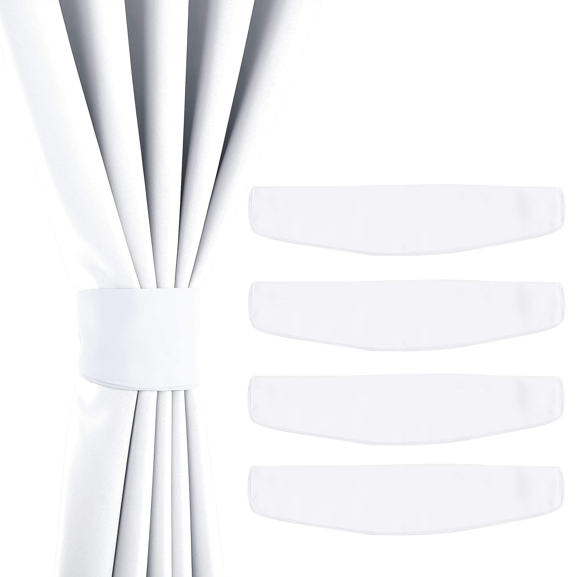 Four white magnetic decorative tie backs, with one holding back a gathered white outdoor curtain. Perfect for drapes.