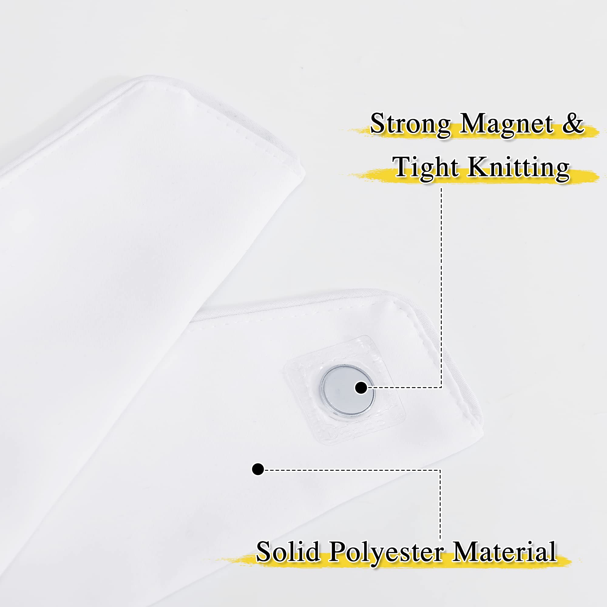 Detail of white polyester outdoor curtain, highlighting the strong magnet of a drape tie-back, with tight knitting for durability.