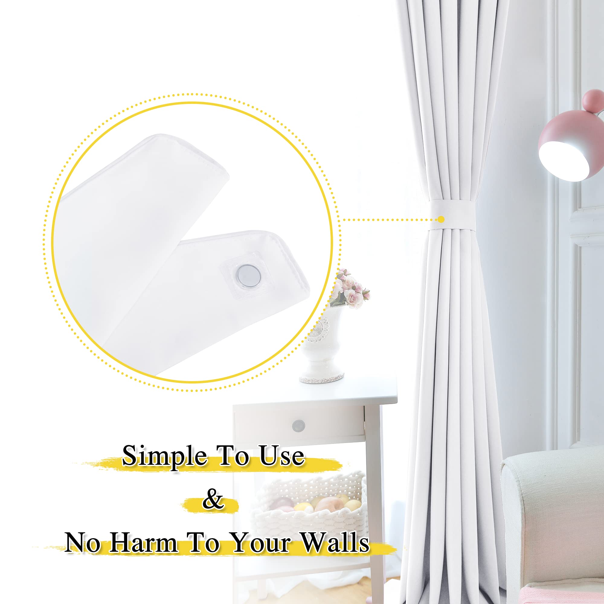 Close-up of a white magnetic decorative drape tie-back securing a gray curtain, highlighting the easy-to-use magnetic closure.