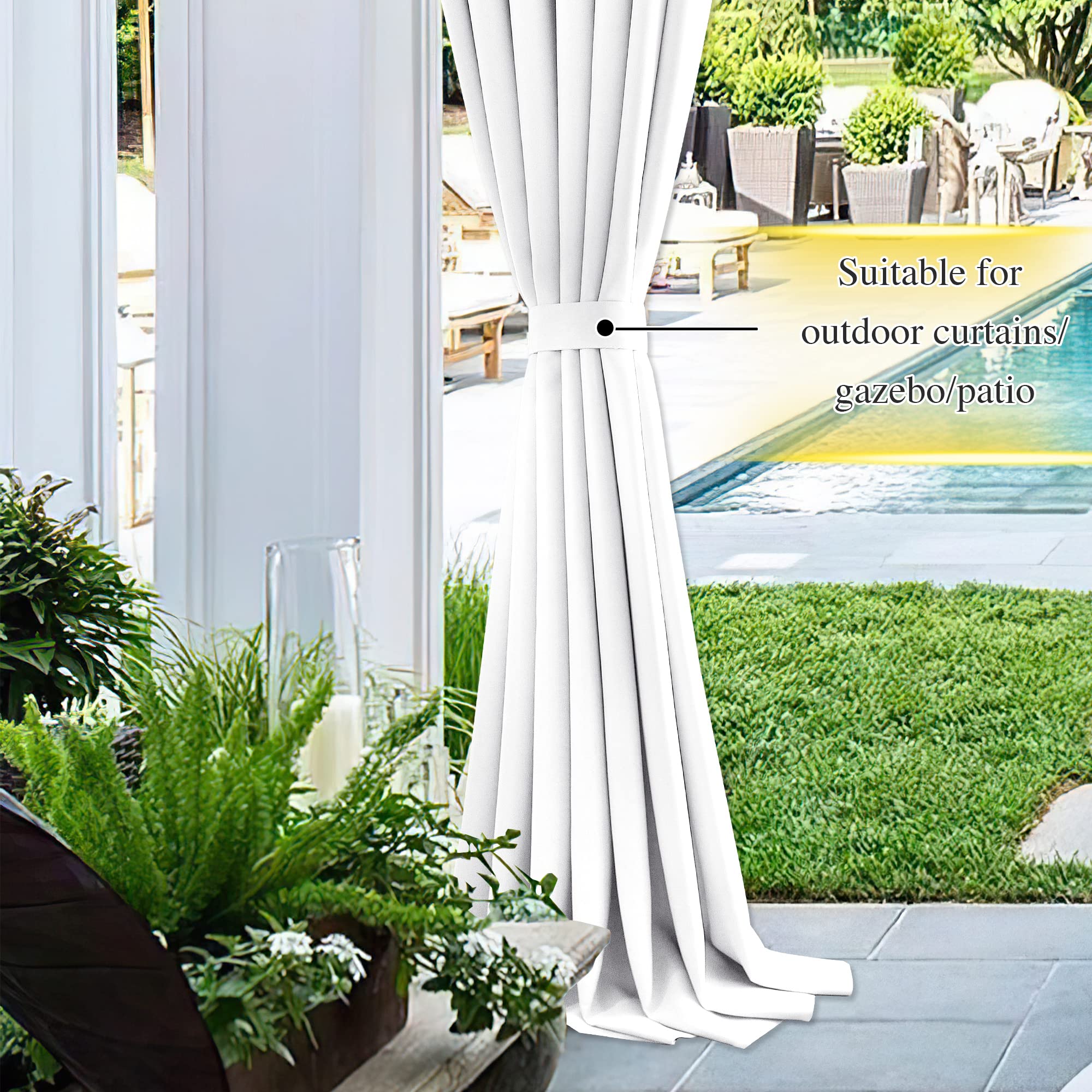 White outdoor curtain held open by a magnetic tie back, offering a view of a patio, pool, and garden. Ideal for gazebos.