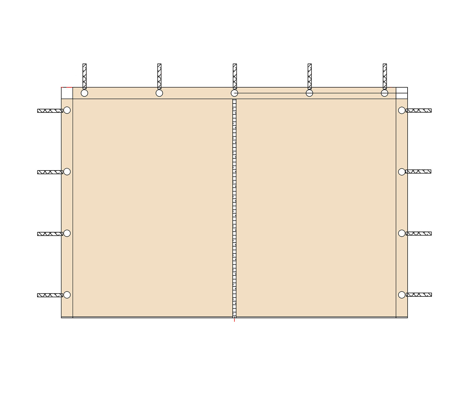 Schematic of beige waterproof outdoor gazebo side wall panel with zipper door, grommets for pergola/porch attachment