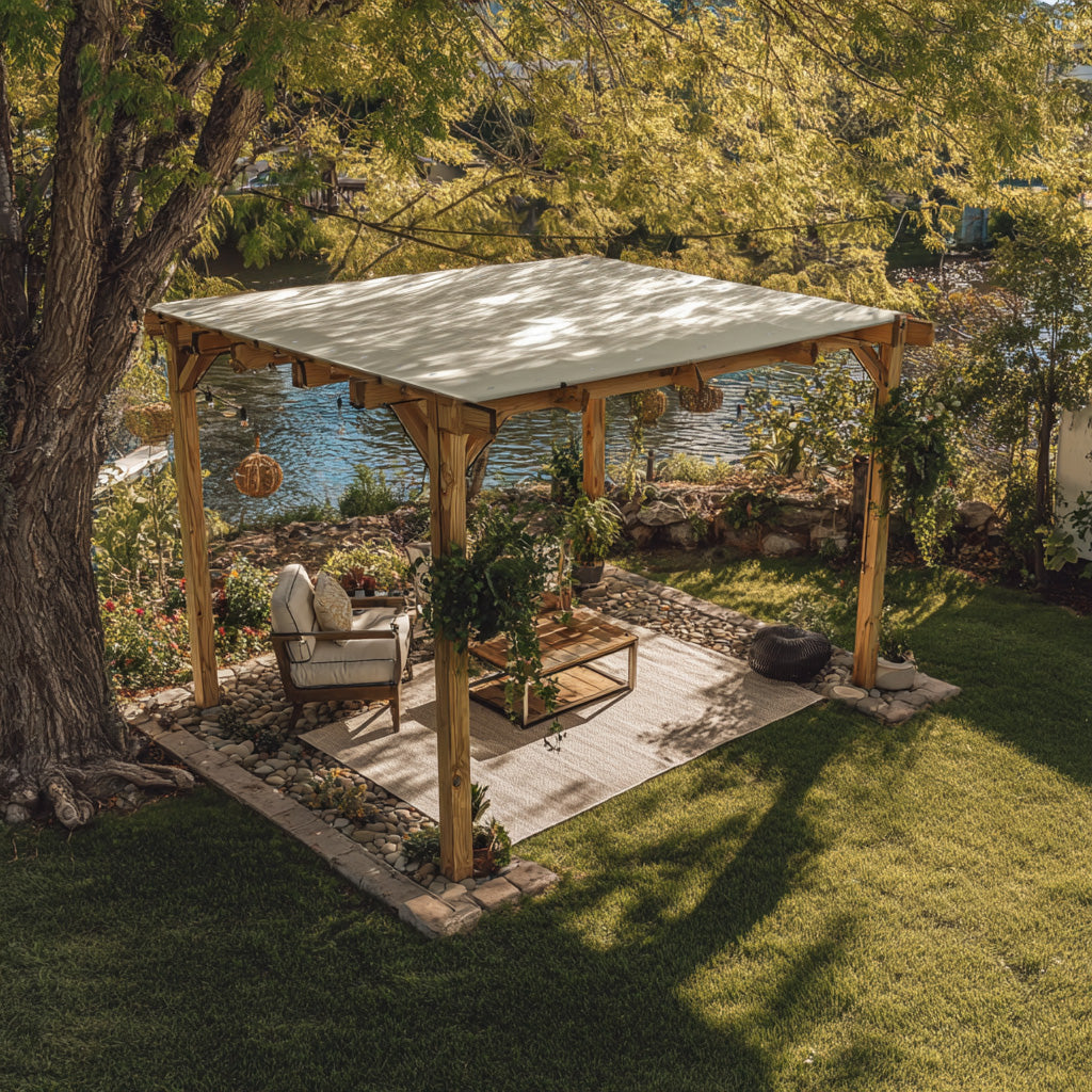 KGORGE weatherproof outdoor shade cover on a wooden pergola creating a private patio oasis with seating by a serene lake.