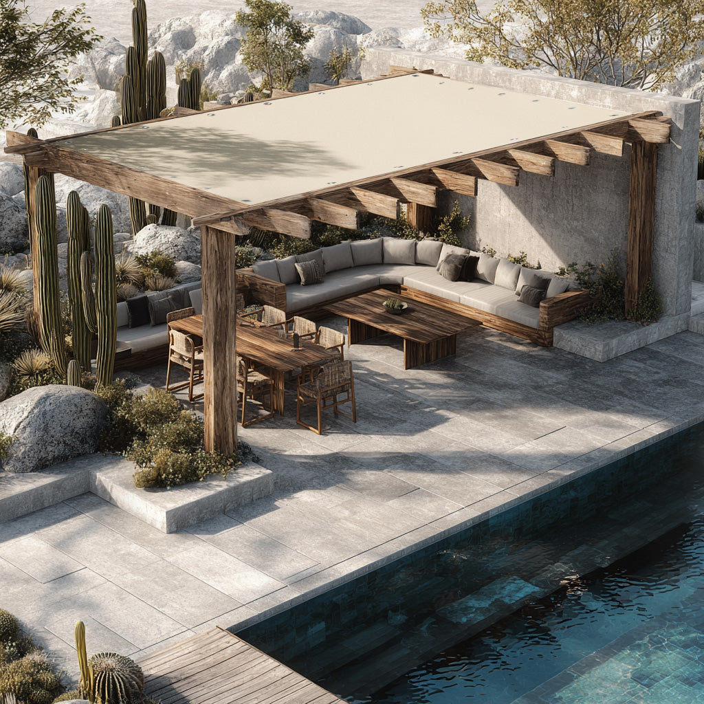 Beige outdoor shade cover shade sail with grommets over a wooden pergola, protecting a stylish patio with seating and pool.