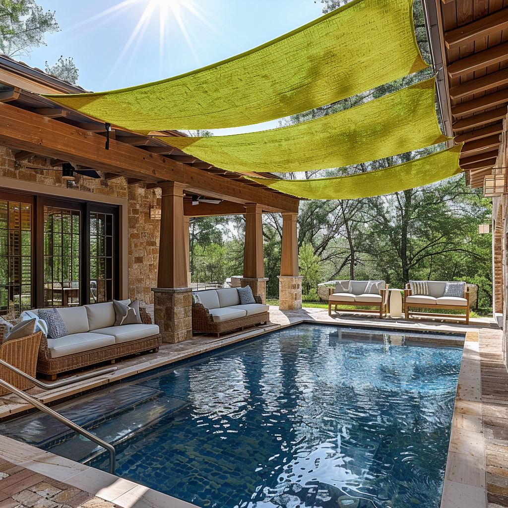 Vibrant green custom sun shade sails shading a shimmering patio pool, with outdoor seating under UV block protection.