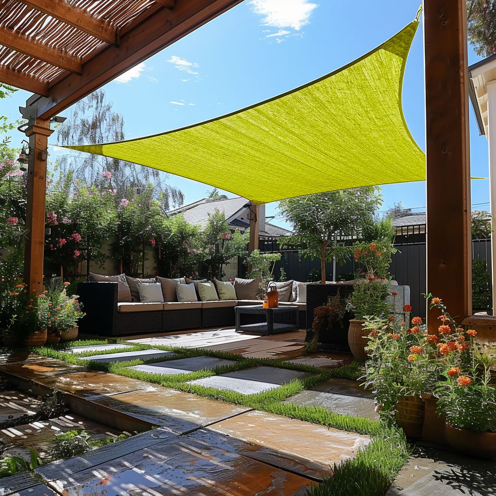 Custom sized green rectangle HDPE sun shade sail protects a sunny patio lounge area from UV rays, enhancing outdoor living.