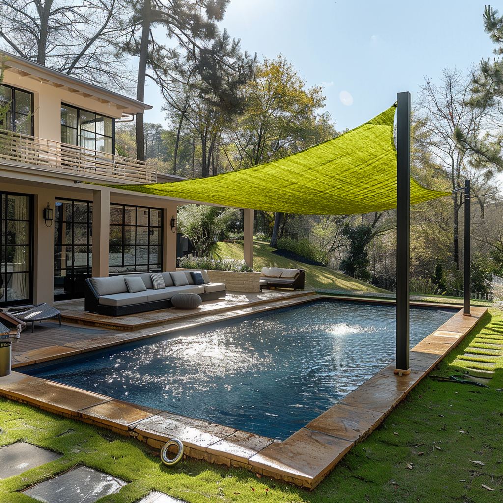 Lime green rectangular sun shade sail installed over a sunny pool and modern patio for UV block protection.