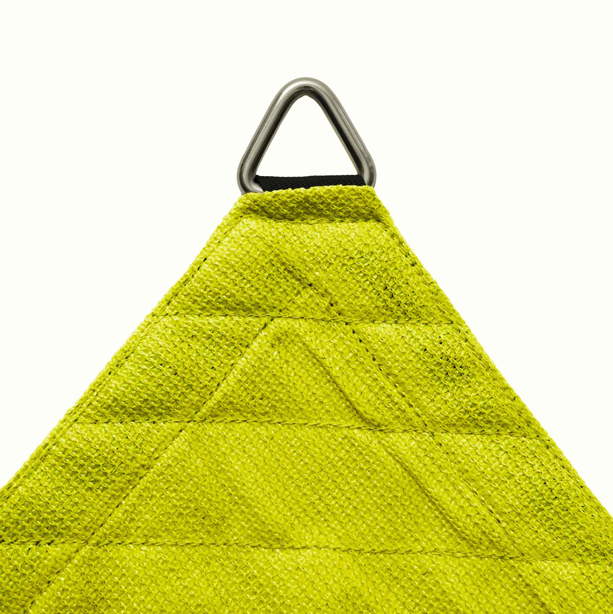 Close-up of lime green breathable HDPE sun shade sail fabric with reinforced stitching and heavy-duty D-ring attachment.