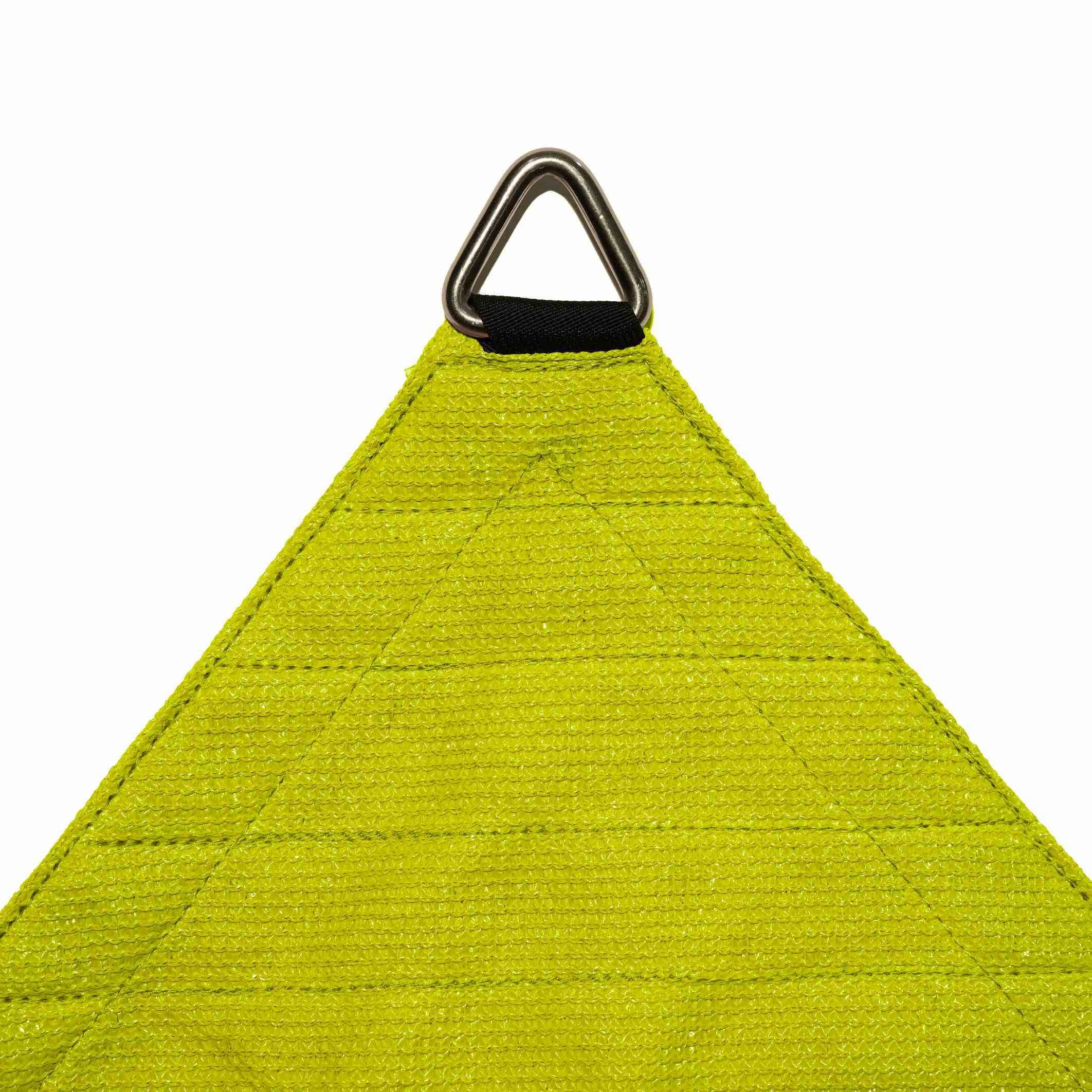 Close-up of lime green HDPE sun shade sail corner, showing robust stainless steel D-ring and reinforced stitching for secure patio/pool use.