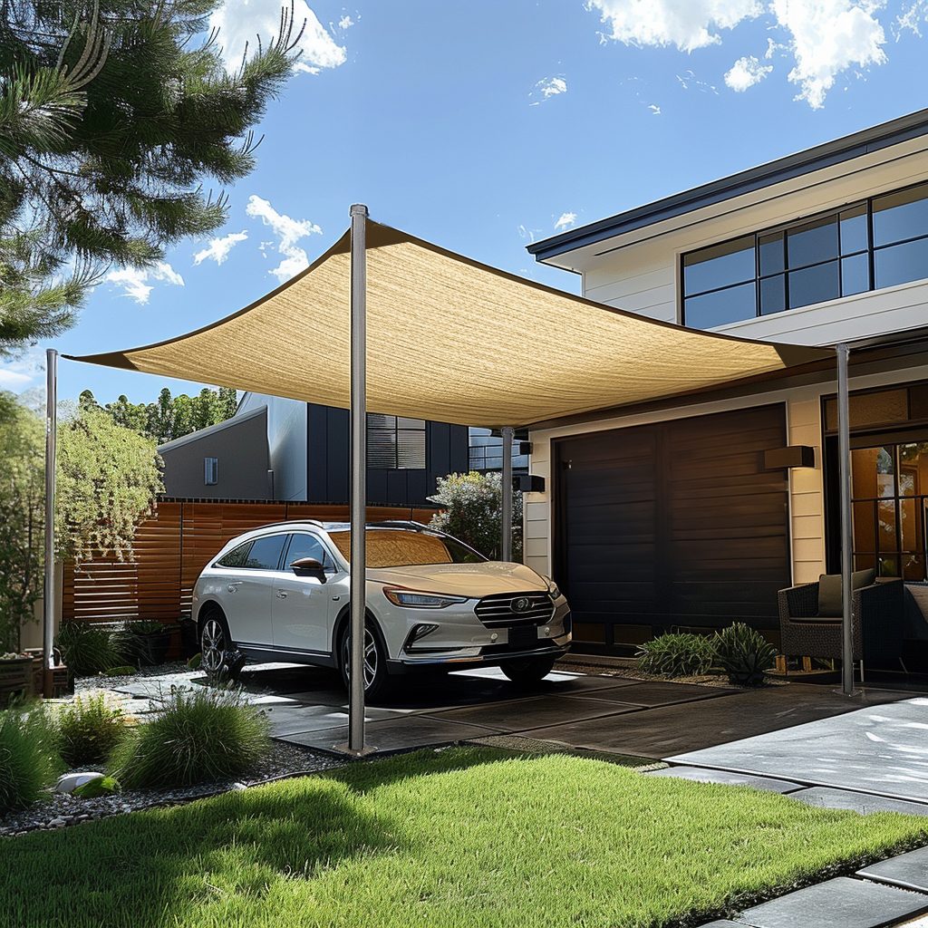 Custom sized tan rectangular HDPE sun shade sail providing UV block for car in modern outdoor driveway.