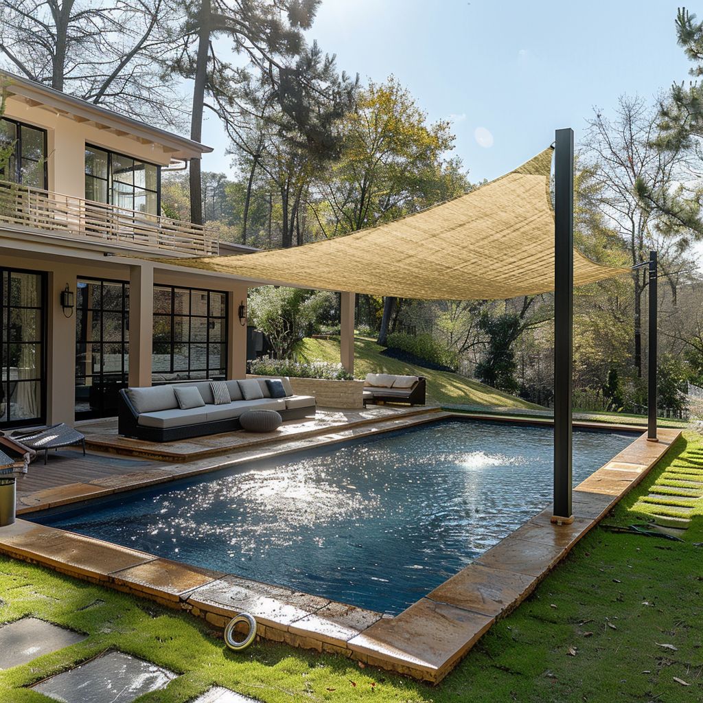 Beige rectangular sun shade sail provides breathable UV block protection for a modern pool and patio with outdoor seating.