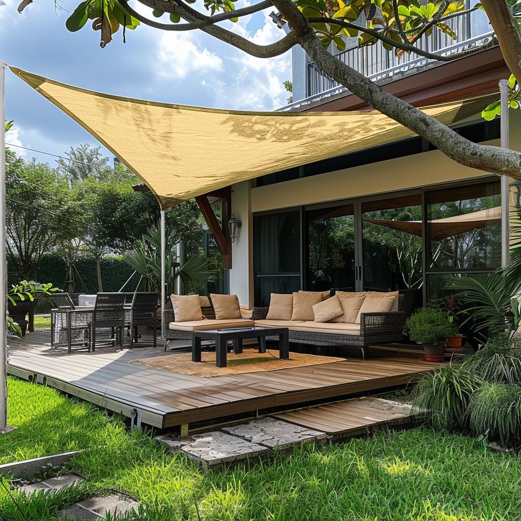 Custom triangle HDPE sun shade sail offers breathable UV block over a modern wooden patio with lounge furniture for an outdoor oasis.
