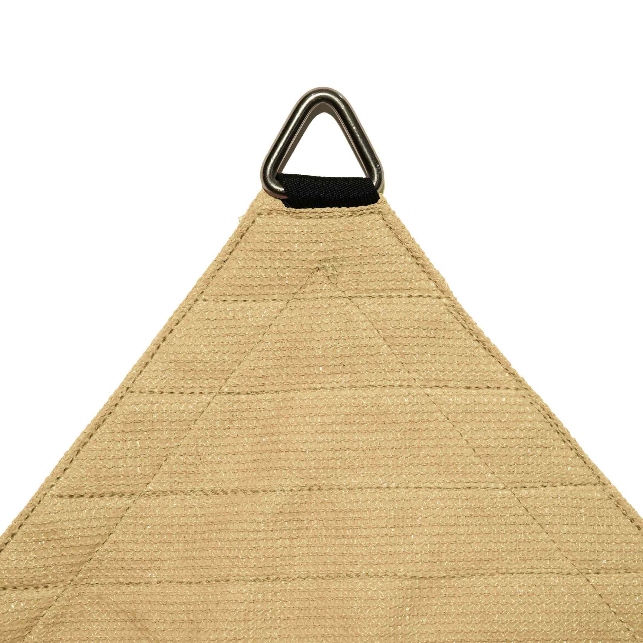 Tan breathable HDPE UV block sun shade sail corner, showcasing durable metal D-ring and reinforced stitching for patio/pool.