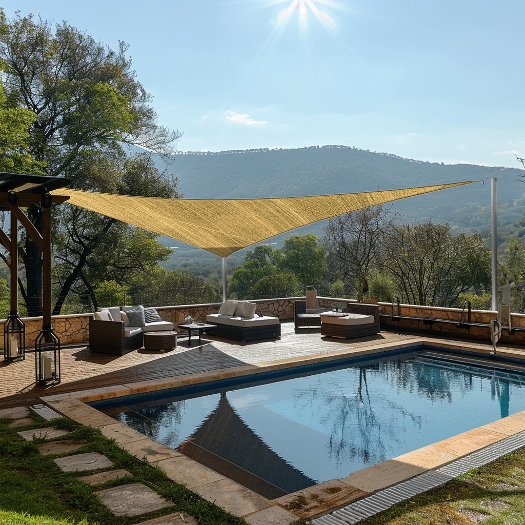Breathable tan triangle HDPE sun shade sail providing UV block shade for a luxurious poolside patio with outdoor seating and mountain views.
