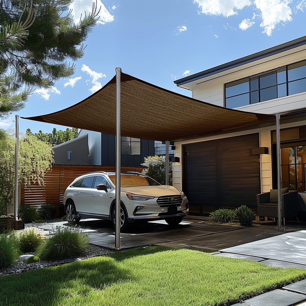 Custom sized breathable brown rectangle HDPE sun shade sail creating UV block shade over a modern carport driveway with a car.