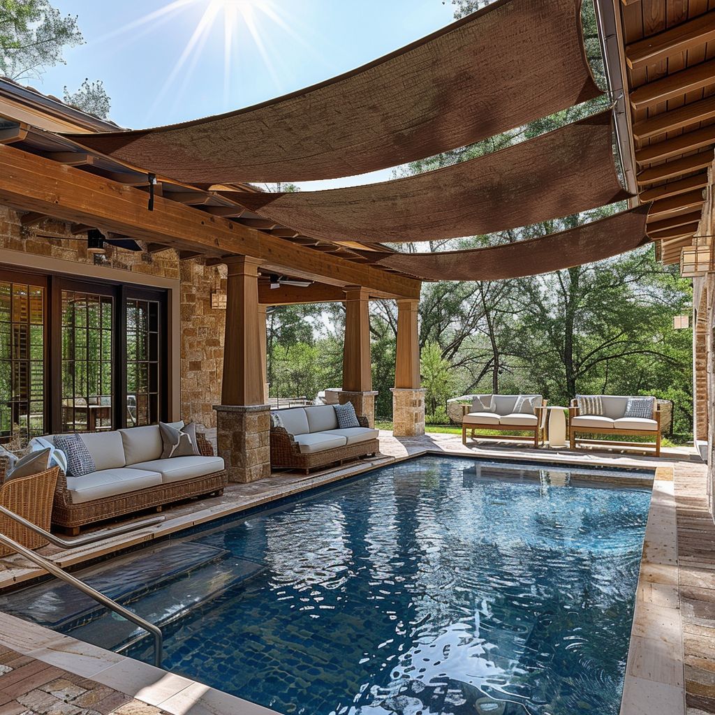 Sunny pool patio featuring custom sized brown breathable UV block rectangle HDPE sun shade sails, creating an outdoor oasis.