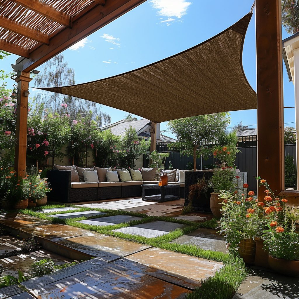 Breathable HDPE rectangle sun shade sail providing UV block over a serene patio with outdoor sofa, stepping stones & lush plants.