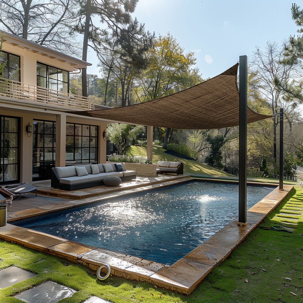 Breathable UV block rectangle HDPE sun shade sail shading a sparkling pool and patio lounge, creating a private outdoor oasis.
