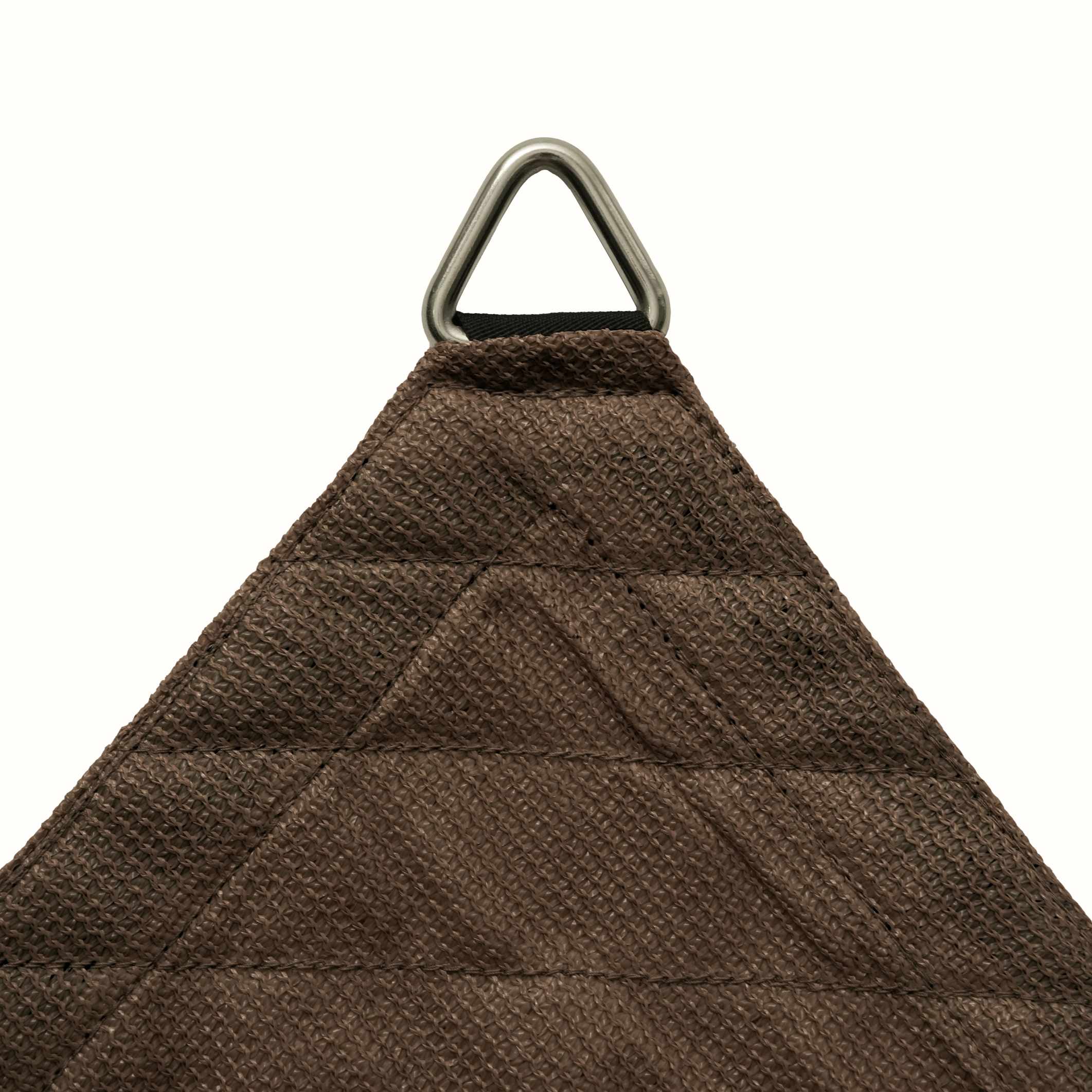 Detail of brown breathable HDPE sun shade sail corner, showcasing UV block fabric and heavy-duty D-ring for patio/pool.
