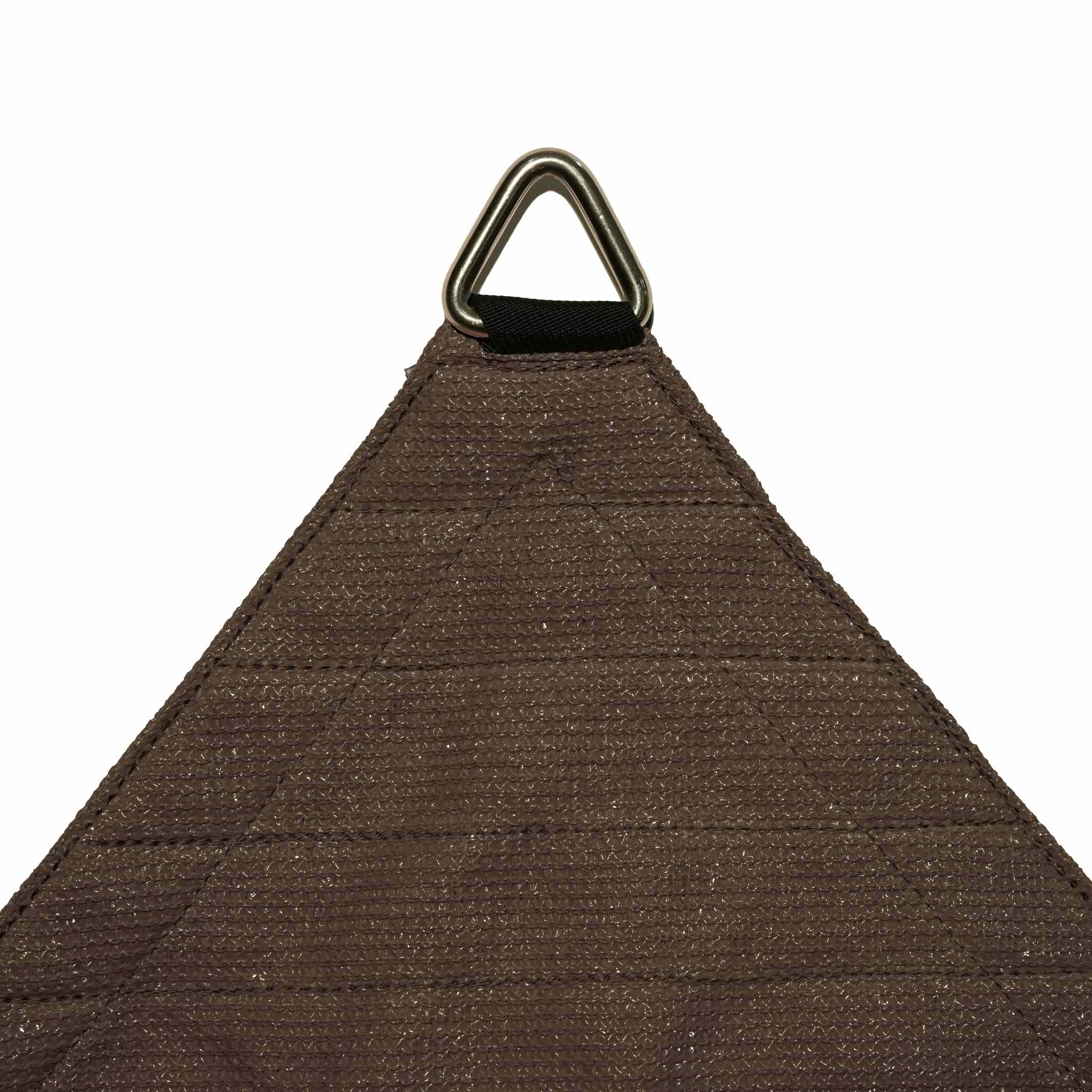 Close-up of brown custom rectangle sun shade sail corner with robust D-ring attachment and breathable HDPE fabric texture.