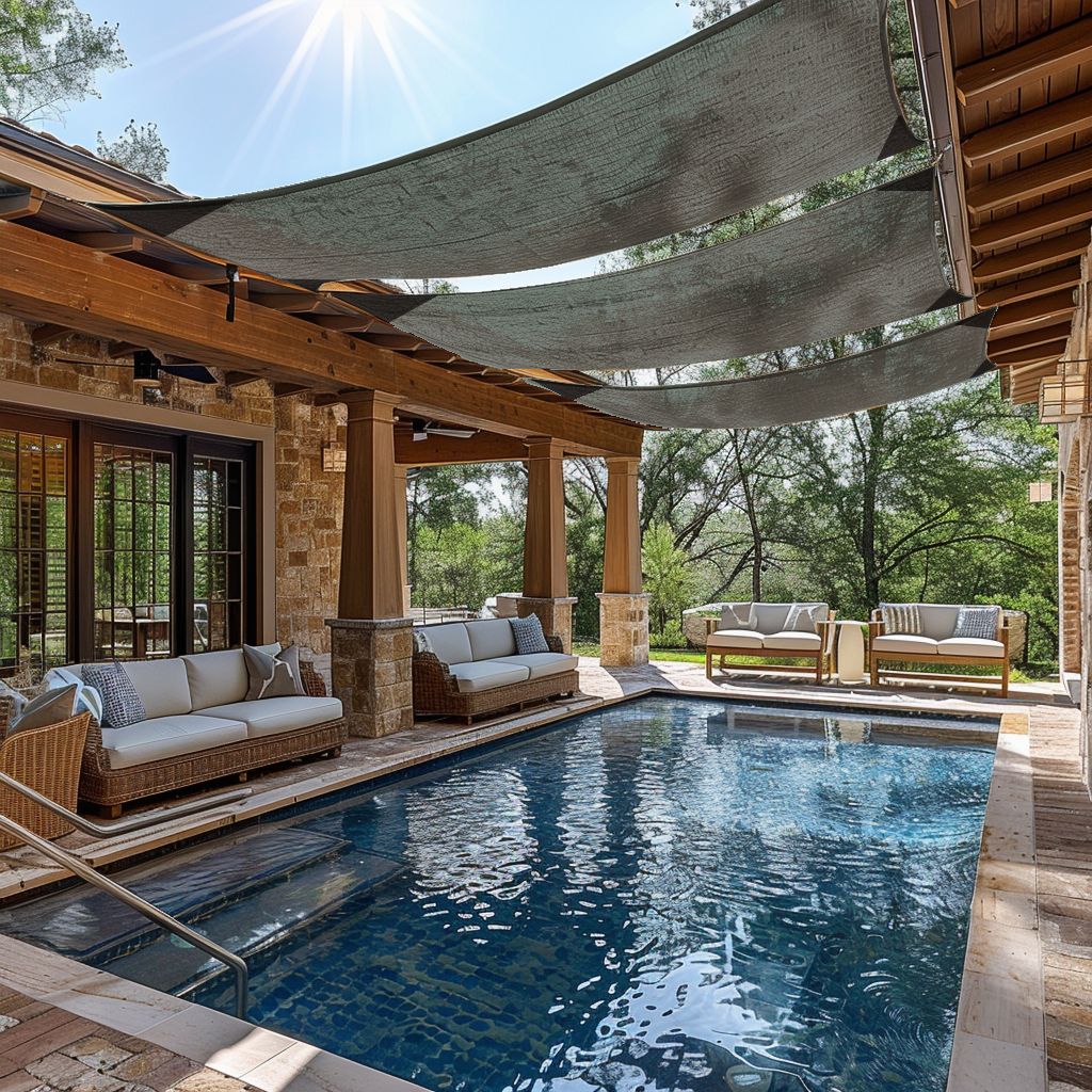 Luxurious pool patio area shaded by a custom rectangle HDPE sun shade sail, offering breathable UV block for outdoor living space.