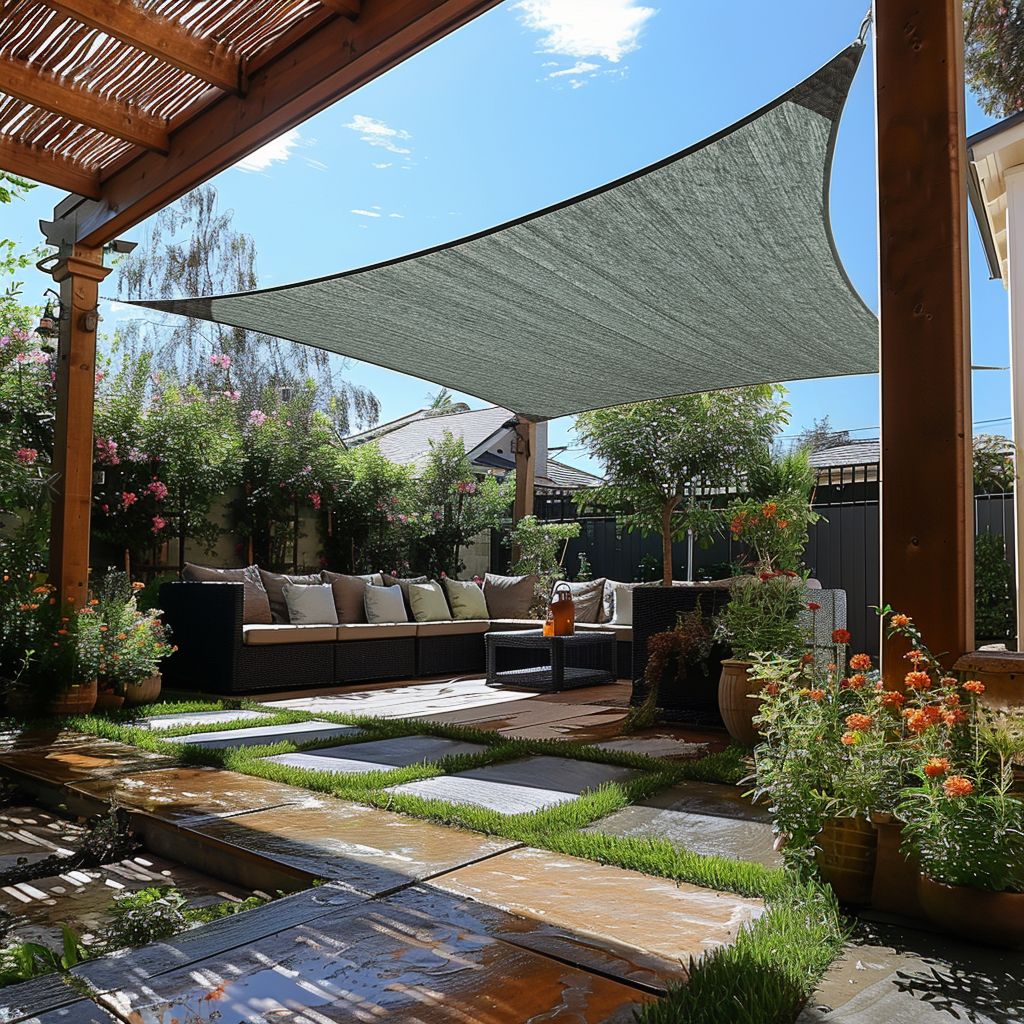 Grey rectangle sun shade sail providing UV block over a lush patio with an outdoor sectional sofa, coffee table, and stepping stone path.