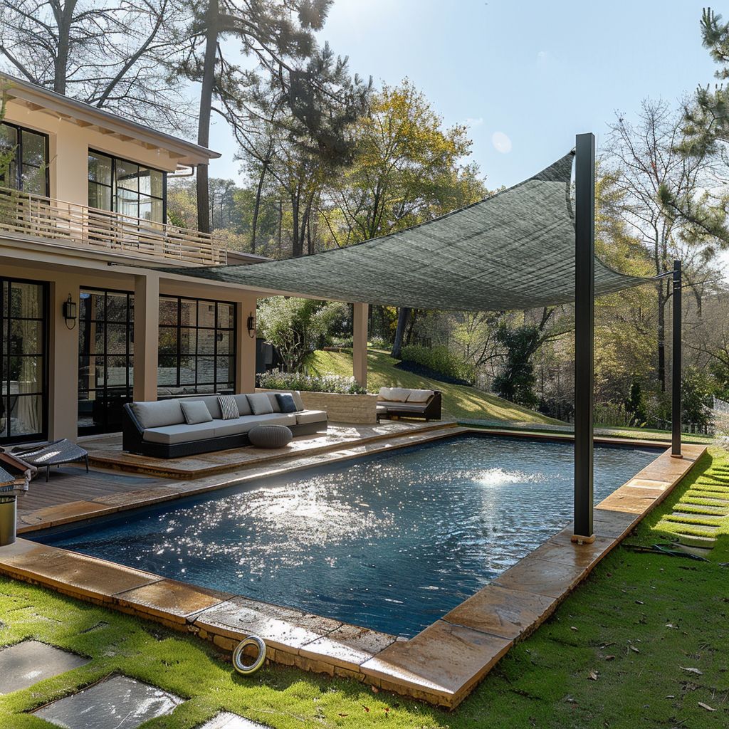 Custom sized dark grey breathable HDPE rectangle sun shade sail protecting a modern patio, pool, and outdoor living area
