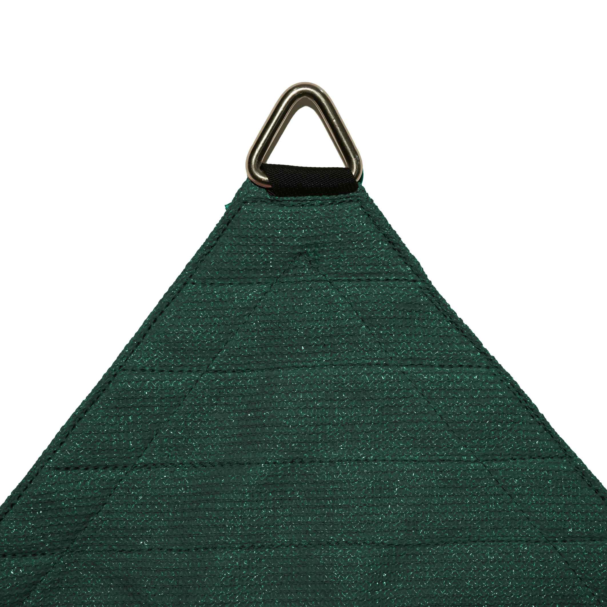 Dark green breathable HDPE sun shade sail corner with durable metal D-ring attachment for custom patio & pool shade solutions.