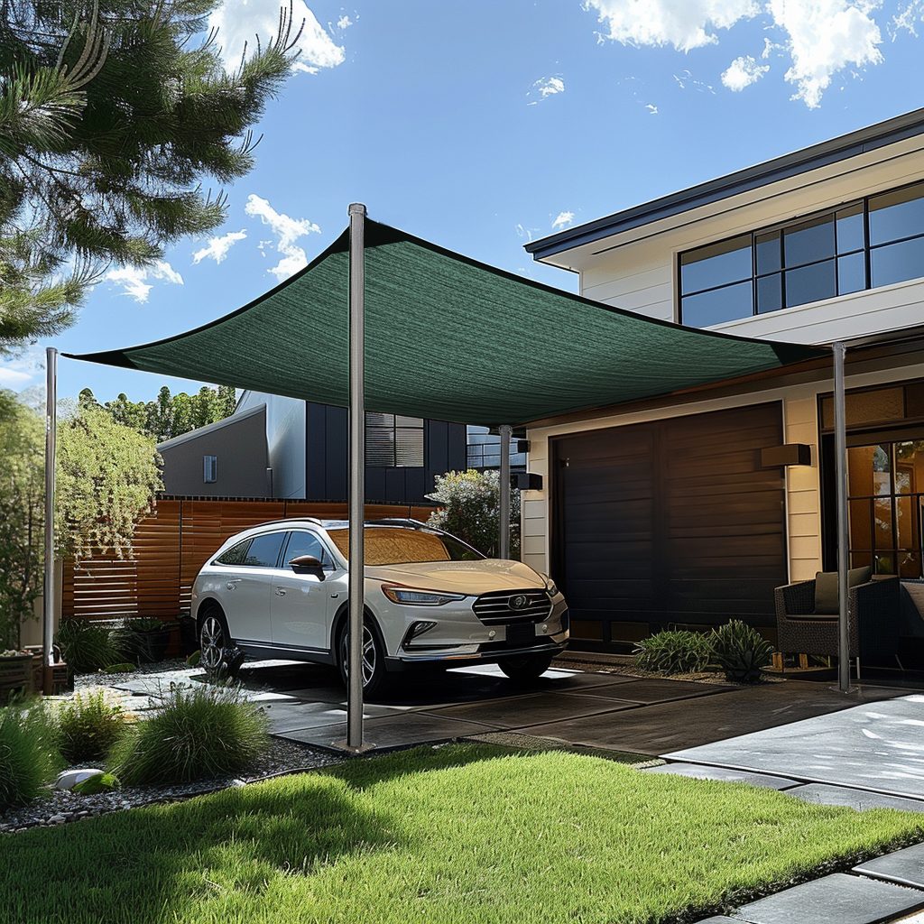 Dark green custom rectangle HDPE sun shade sail offering breathable UV block shade for a white SUV on a modern driveway.