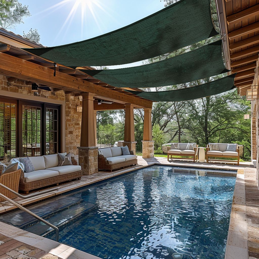 Dark green custom sized breathable UV block HDPE rectangle sun shade sails covering a sunny pool patio area, providing outdoor shade.