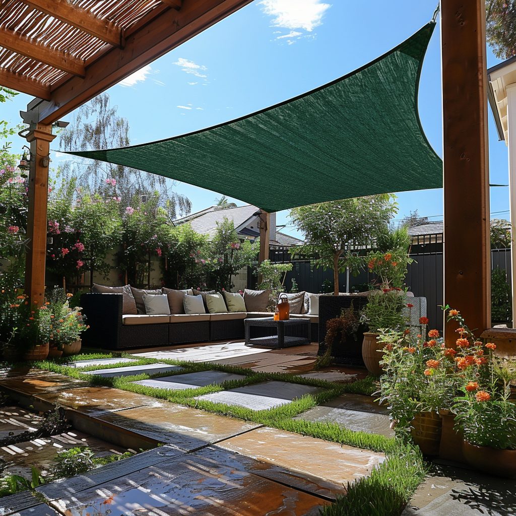 Dark green breathable HDPE rectangular sun shade sail creating a shaded patio oasis with outdoor sectional sofa. UV block for comfort.