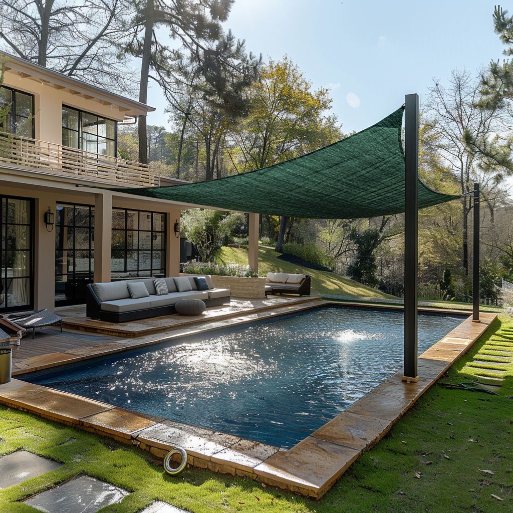KGORGE custom dark green breathable rectangle HDPE sun shade sail providing UV block over a pool and patio.