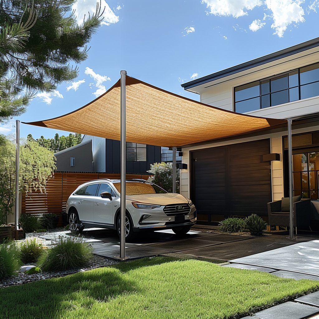 KGORGE rectangle HDPE sun shade sail shades a white SUV in a driveway, offering breathable UV block protection for outdoor living spaces.